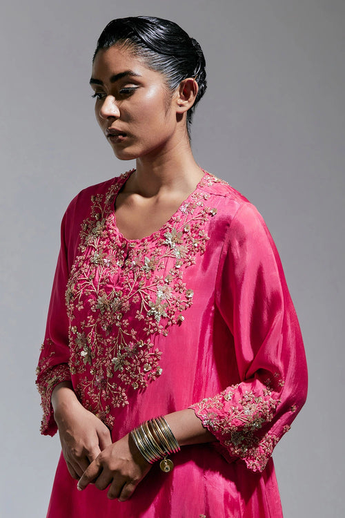 Raspberry Floral Embroidered Silk Salwar Set