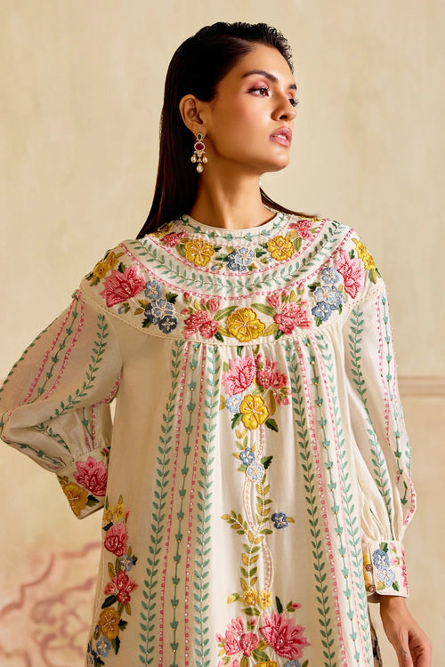 Ivory Floral Stripe Yoke Detail Kurta with Cutwork Pants