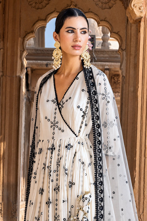 Black and White Big Flower Angrakha with Embroidered Dupatta