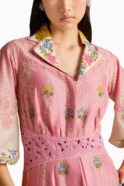Pink And Ivory Color Block Embroidered Dress