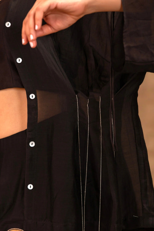 Silk Black Chanderi Pleated Shirt With Tissue Applique Skirt