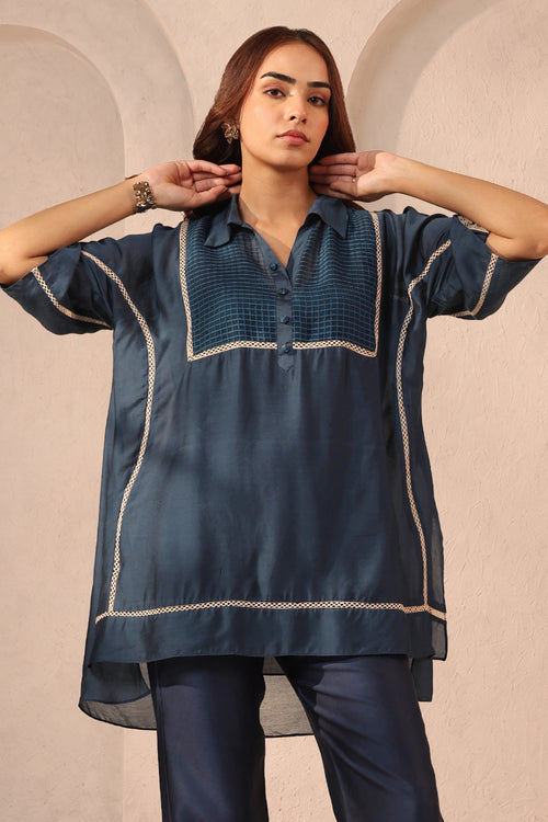 Vaayu Dark Blue Collar Co-ord Set