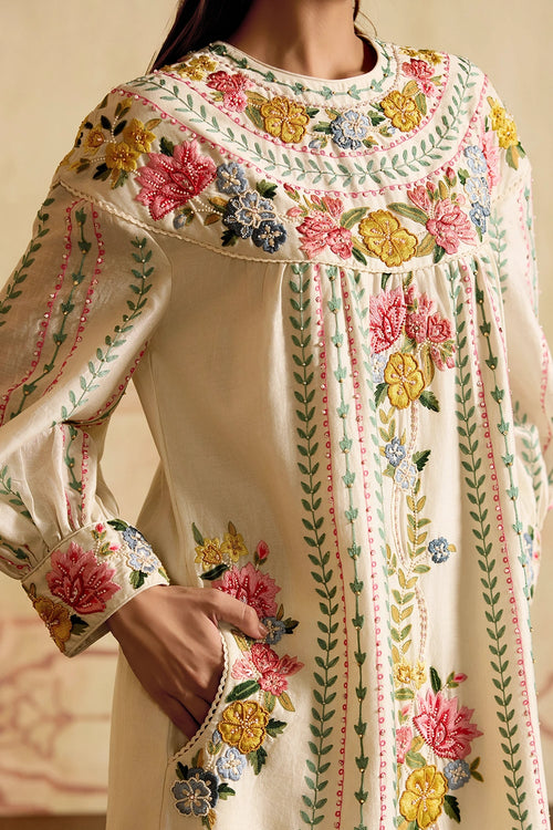 Ivory Floral Stripe Yoke Detail Kurta with Cutwork Pants