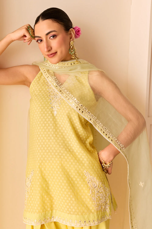 Miral Lemon Yellow Short Kurta with Farsi Salwar and Dupatta