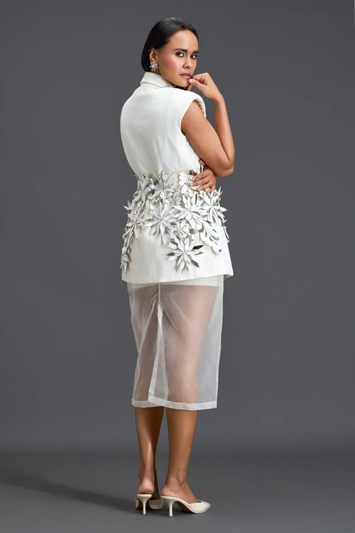 Silver 3D Floral Blazer Dress with Organza Overlay