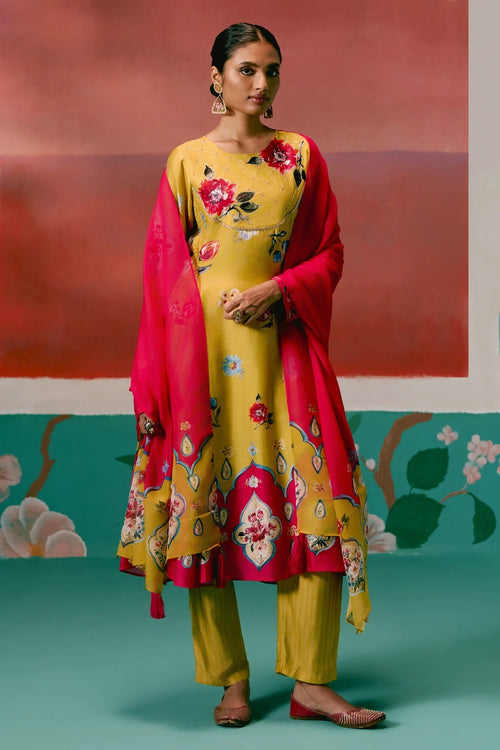Mustard and Pink Floral Anarkali Set with Dupatta