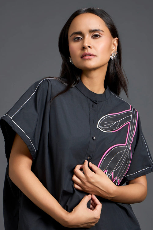 Black Oversized Floral Patch Shirt