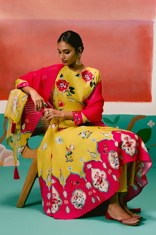 Mustard and Pink Floral Anarkali Set with Dupatta