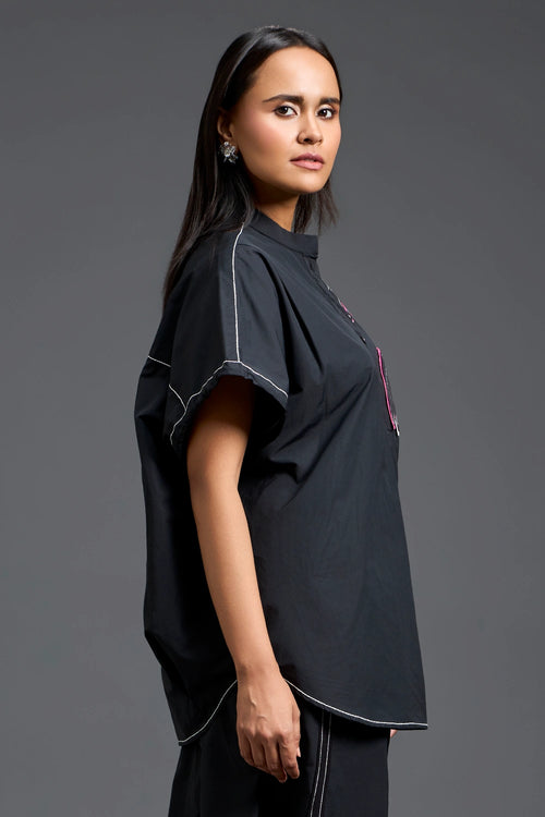 Black Oversized Floral Patch Shirt