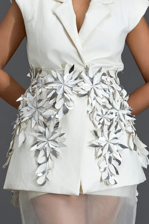 Silver 3D Floral Blazer Dress with Organza Overlay