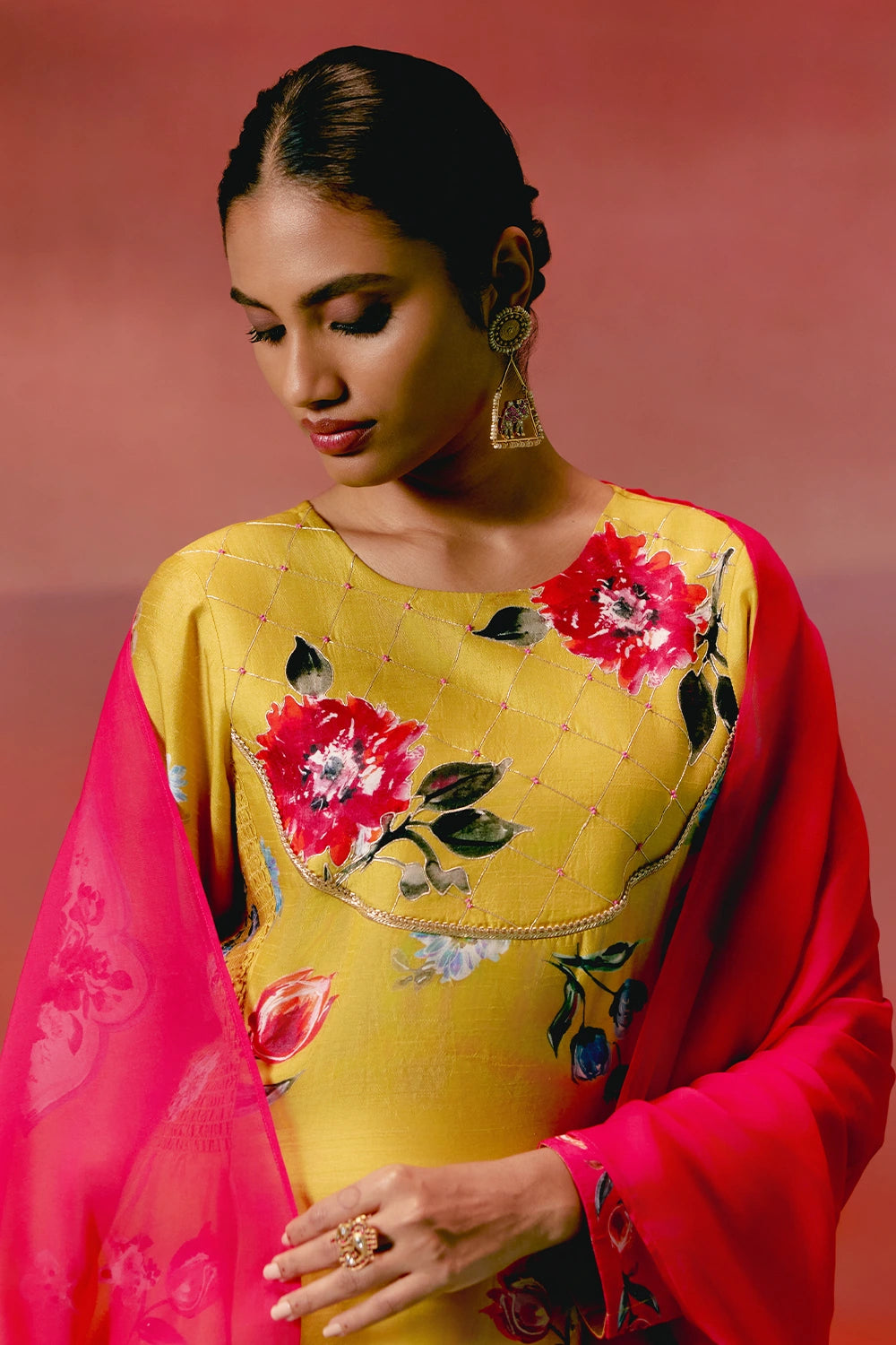 Mustard and Pink Floral Anarkali Set with Dupatta