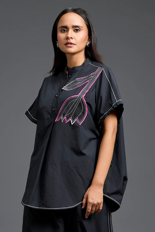 Black Oversized Floral Patch Shirt