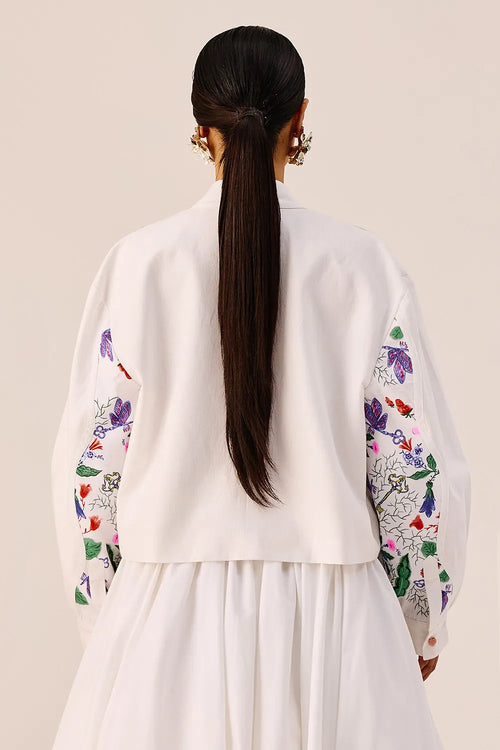 White Floral Printed Crop Jacket