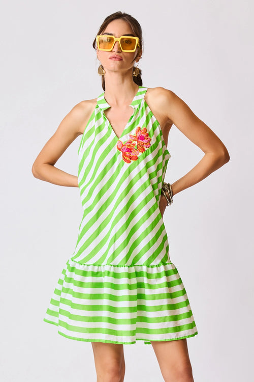 Tropical Resort Striped Halter Mini Dress