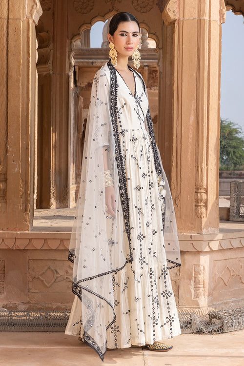 Black and White Big Flower Angrakha with Embroidered Dupatta