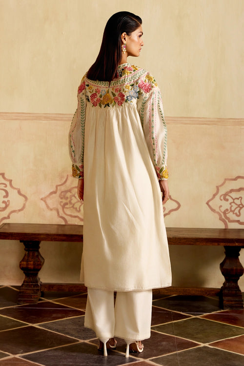 Ivory Floral Stripe Yoke Detail Kurta with Cutwork Pants
