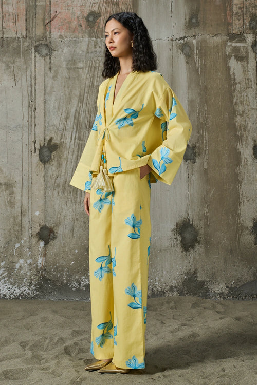 Sunlit Bloom Tie Up Top WIth Trousers