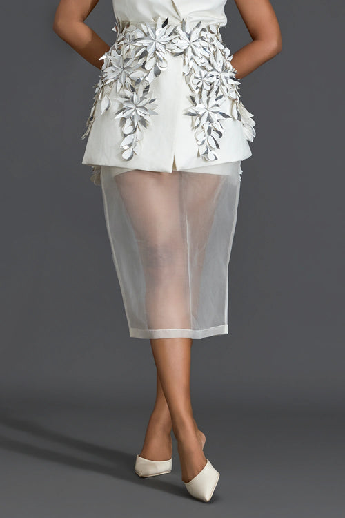 Silver 3D Floral Blazer Dress with Organza Overlay
