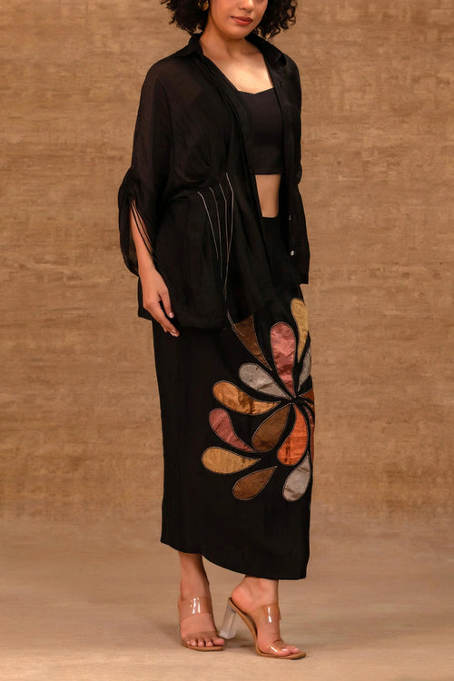 Silk Black Chanderi Pleated Shirt With Tissue Applique Skirt