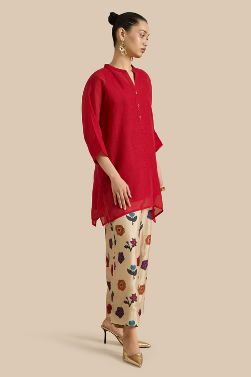 Red Organza Silk Tunic And Pants Set