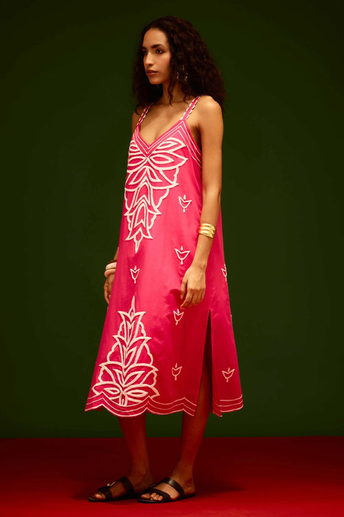 Fuchsia Strappy Embroidered Cotton Dress