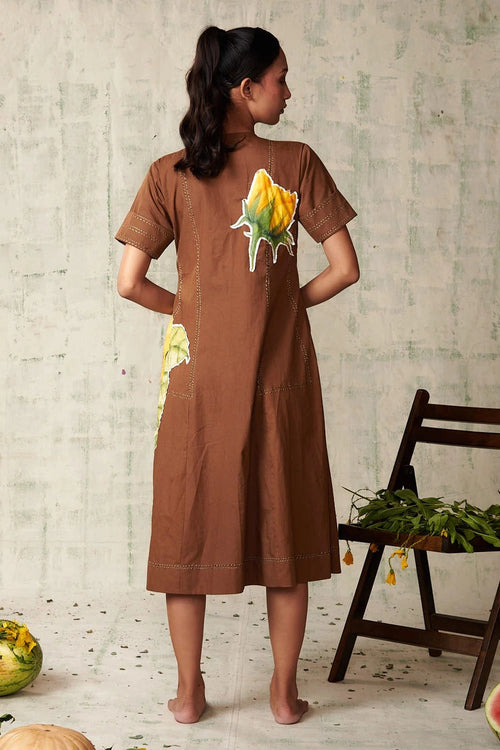 Brown Sunflower Applique Dress