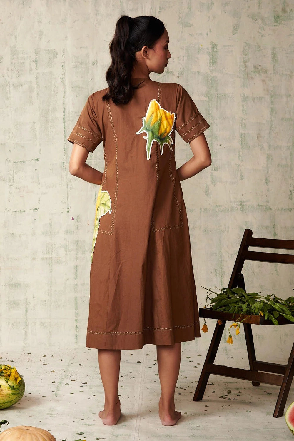 Brown Sunflower Applique Dress