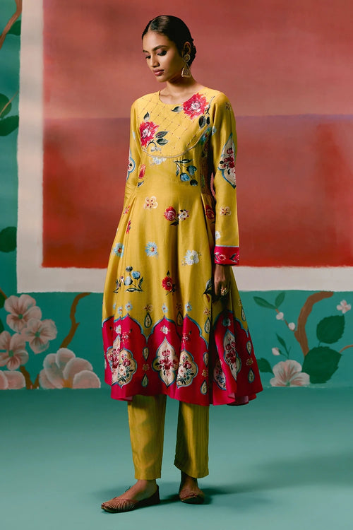 Mustard and Pink Floral Anarkali Set with Dupatta