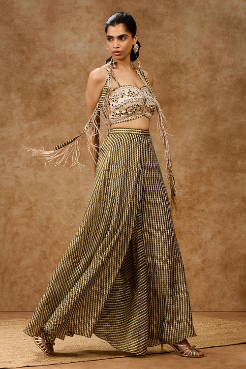 Moss Grid Bustier With Stole And Pants