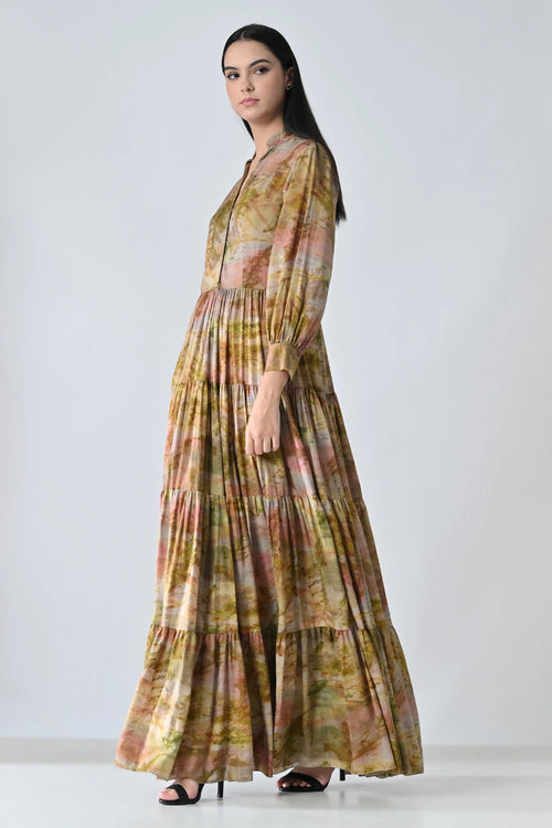 Autumn Biege Bloom Tiered Printed Dress