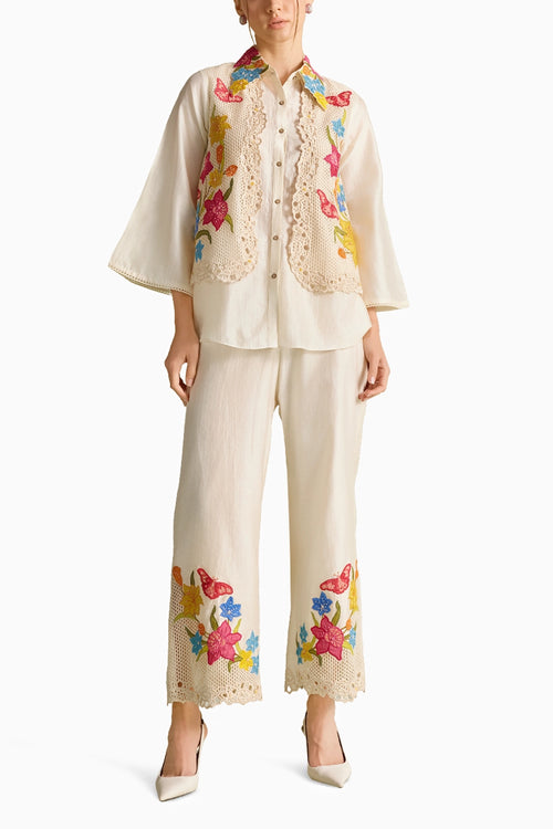 Ivory Floral Mesh Shirt And Pants Set