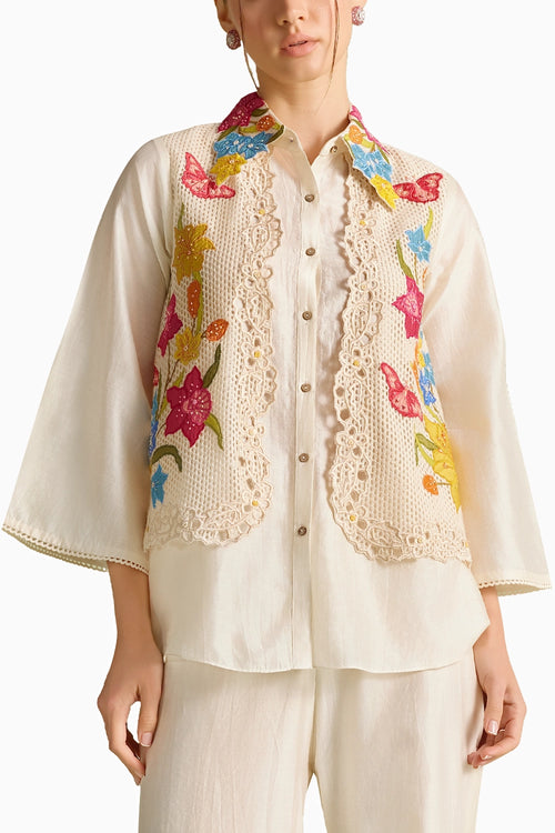 Ivory Floral Mesh Layered Shirt