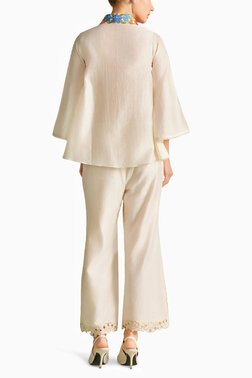 Ivory Floral Mesh Shirt And Pants Set