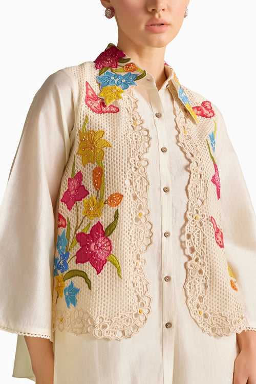 Ivory Floral Mesh Shirt And Pants Set