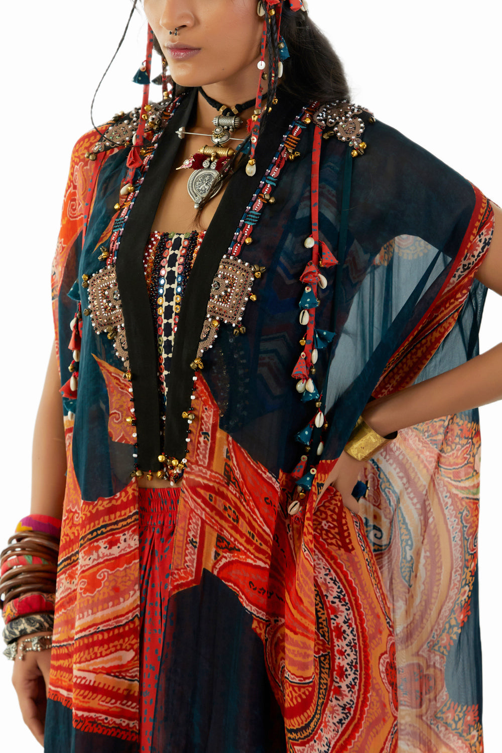 Multicolor Ritu Kaftan Dupatta Jacket Set With Adah Blouse