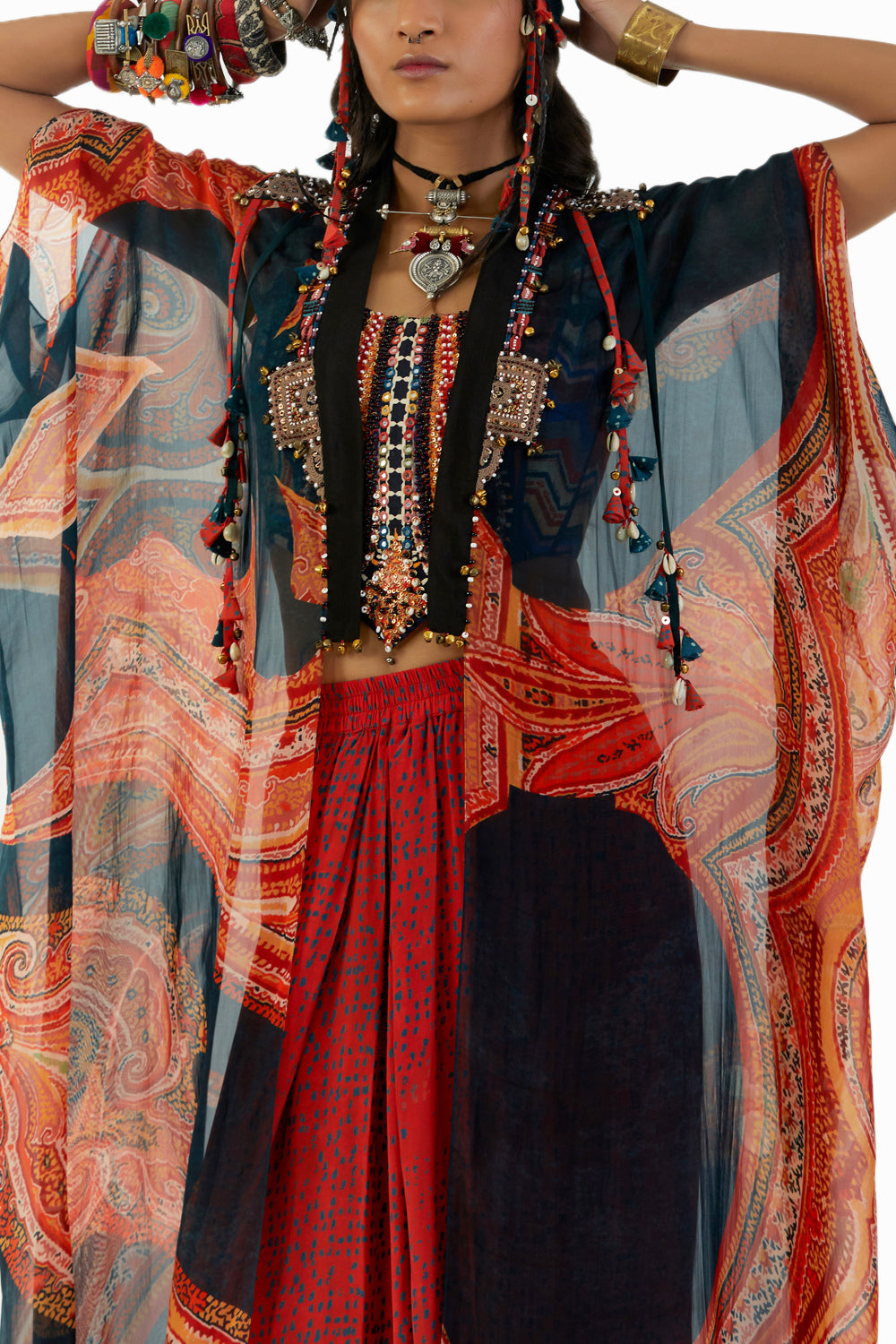 Multicolor Ritu Kaftan Dupatta Jacket Set With Adah Blouse
