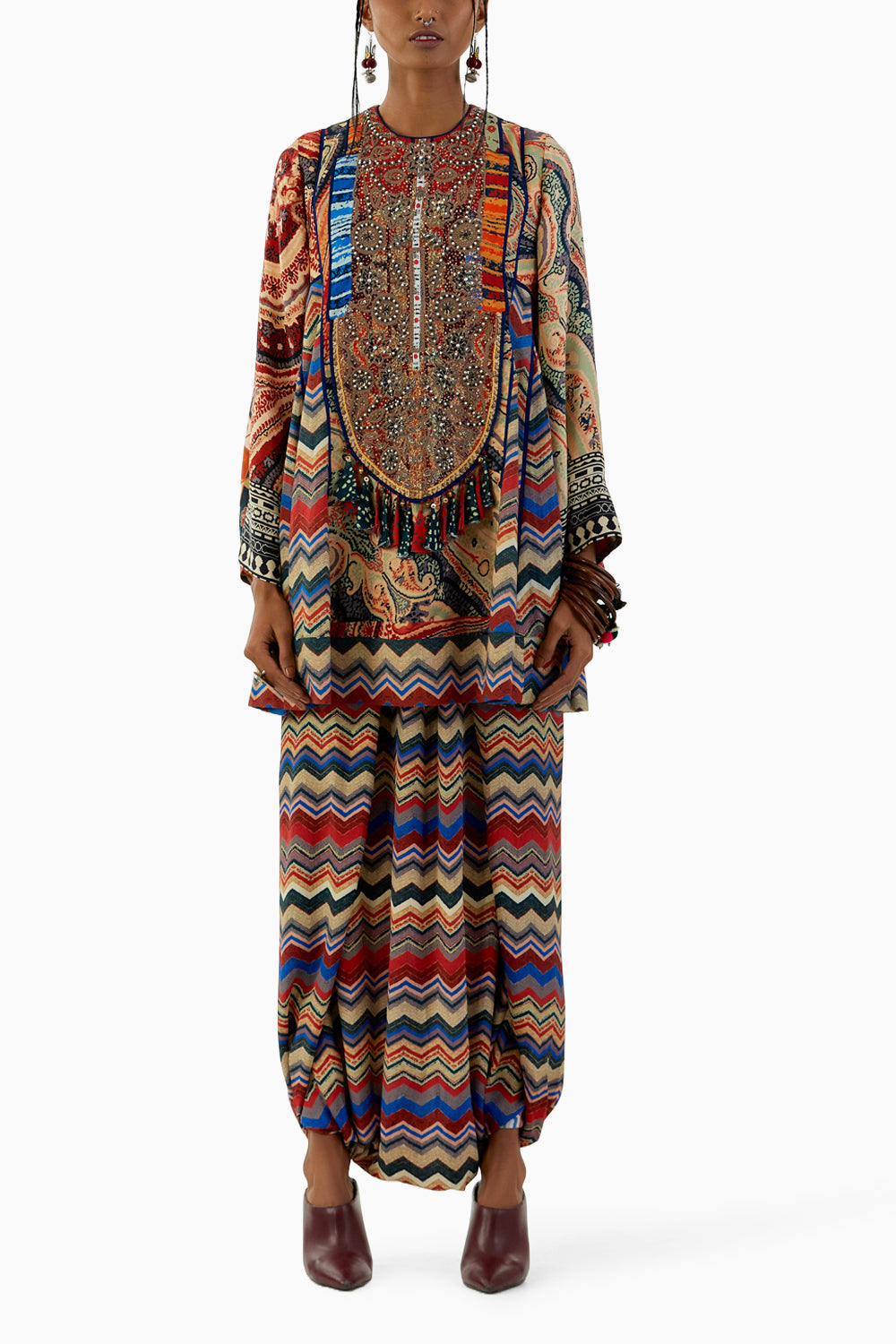 Multicolor Afghan Kurti and Drape Trouser Set