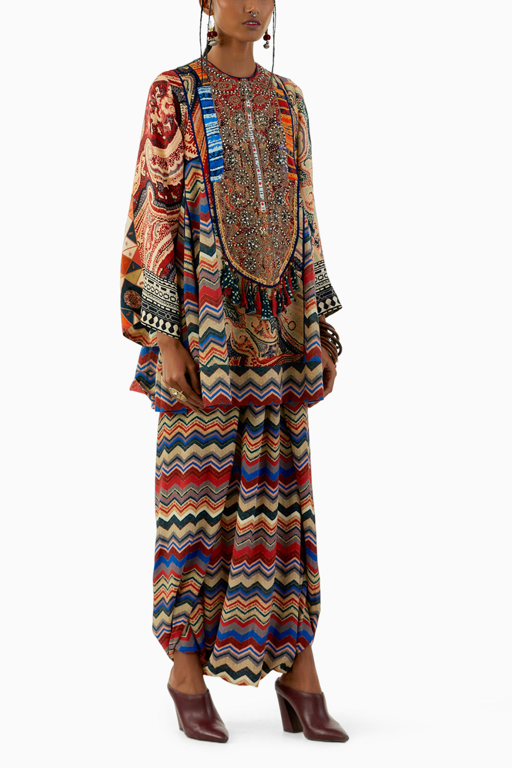 Multicolor Afghan Kurti and Drape Trouser Set