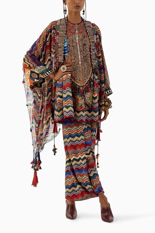 Multicolor Afghan Kurti Set With Veni Dupatta Jacket
