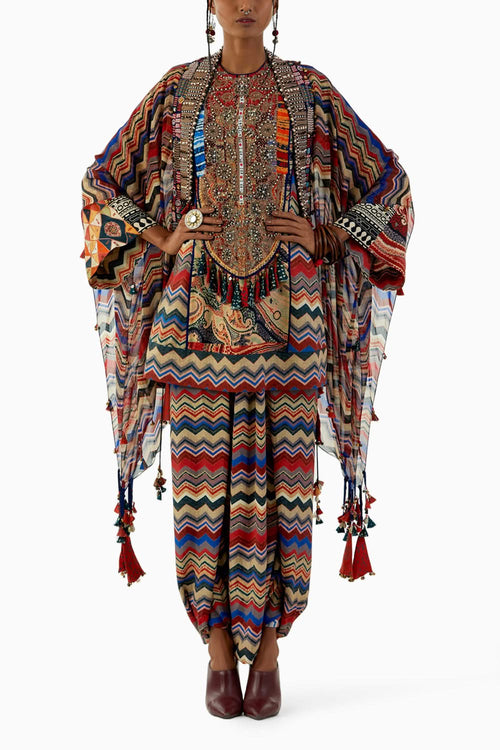 Multicolor Afghan Kurti Set With Veni Dupatta Jacket