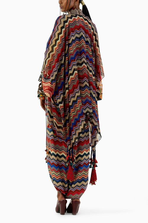 Multicolor Afghan Kurti Set With Veni Dupatta Jacket