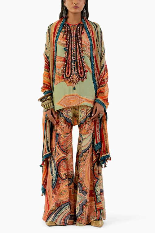Ash Green Mitra Short Kurta and Drape Trouser Set
