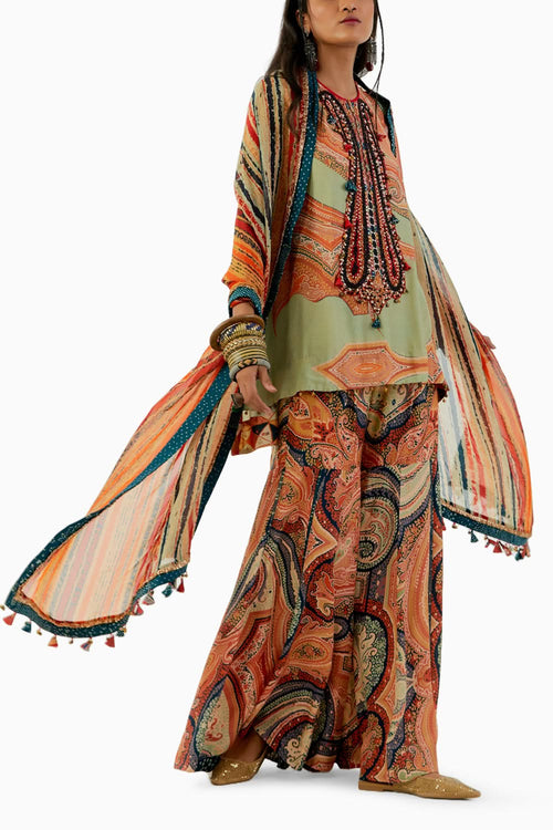 Ash Green Mitra Short Kurta and Drape Trouser Set
