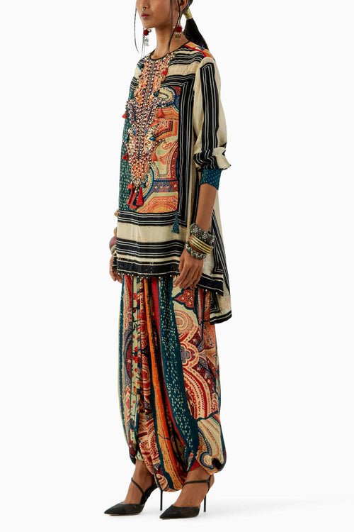 Multicolor Mitra Short Kurta and Drape Trouser Set