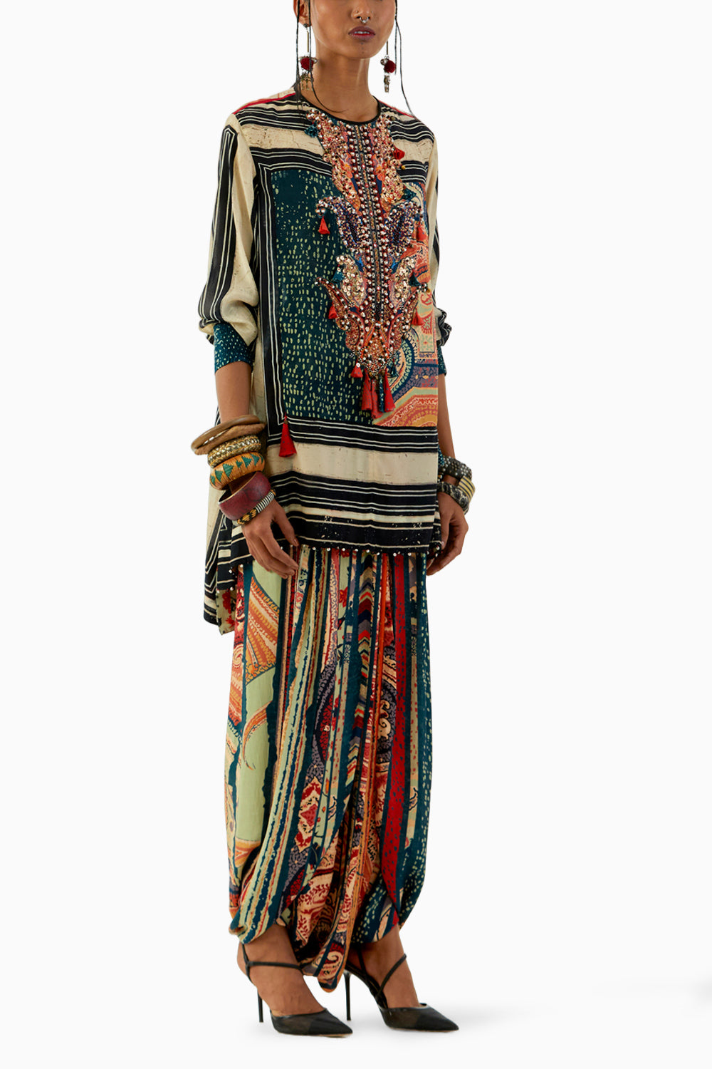 Multicolor Mitra Short Kurta and Drape Trouser Set