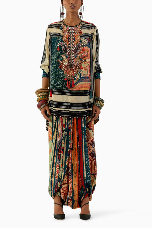 Multicolor Mitra Short Kurta and Drape Trouser Set