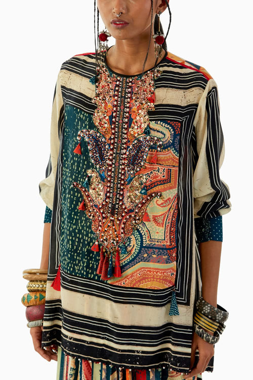 Multicolor Mitra Short Kurta and Drape Trouser Set