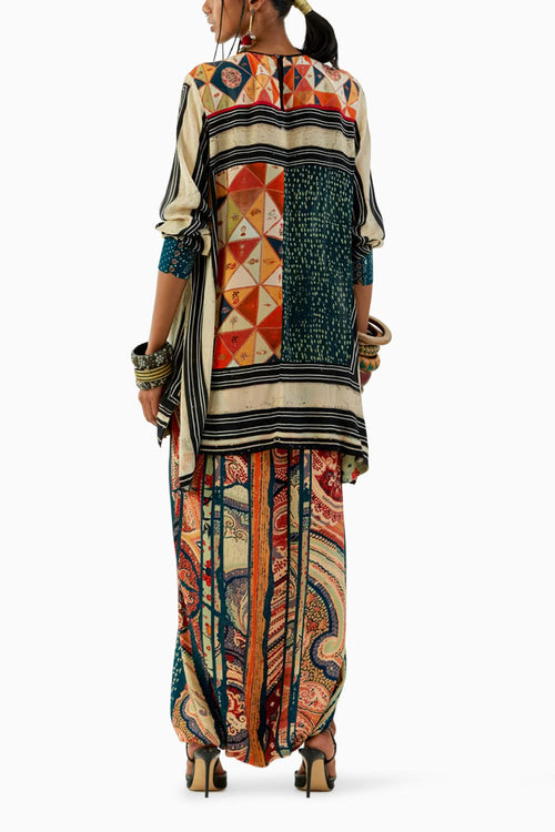 Multicolor Mitra Short Kurta and Drape Trouser Set
