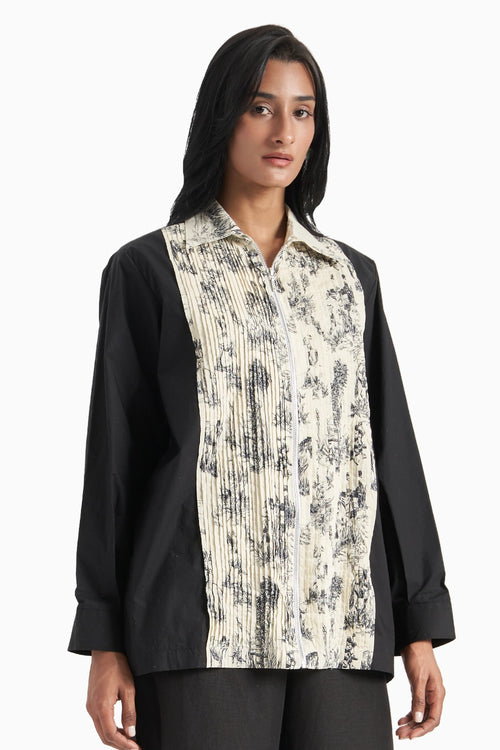 White Noble Ground Lawn Printed Pleated Shirt