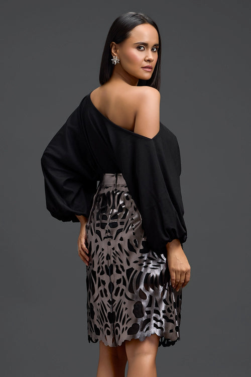 Black Off-Shoulder Top and Gunmetal Cutwork Skirt Set